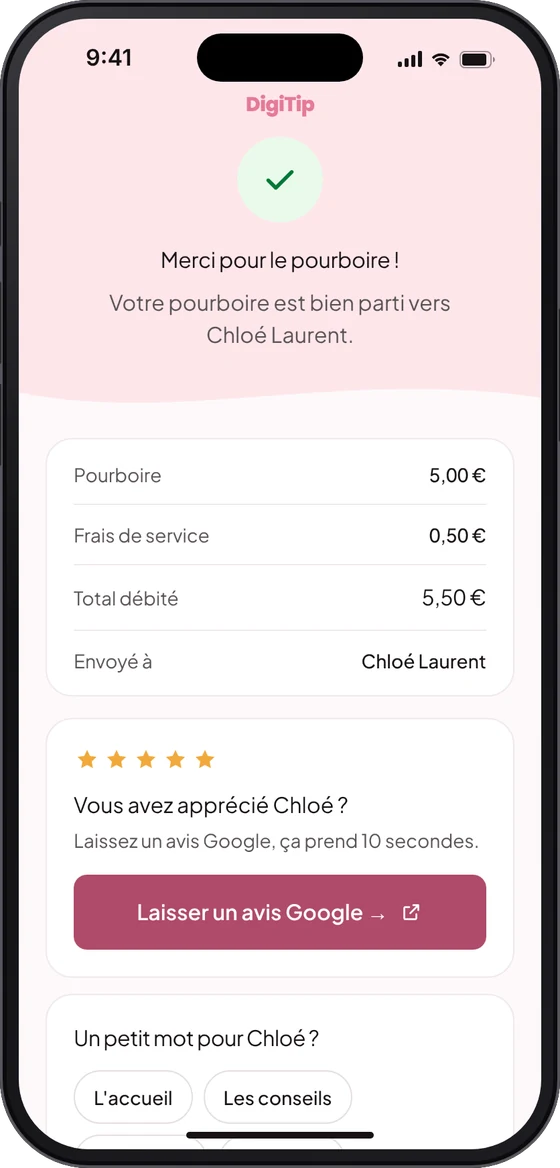 La page affichée au client après son pourboire, avec le bouton « Laisser un avis Google »